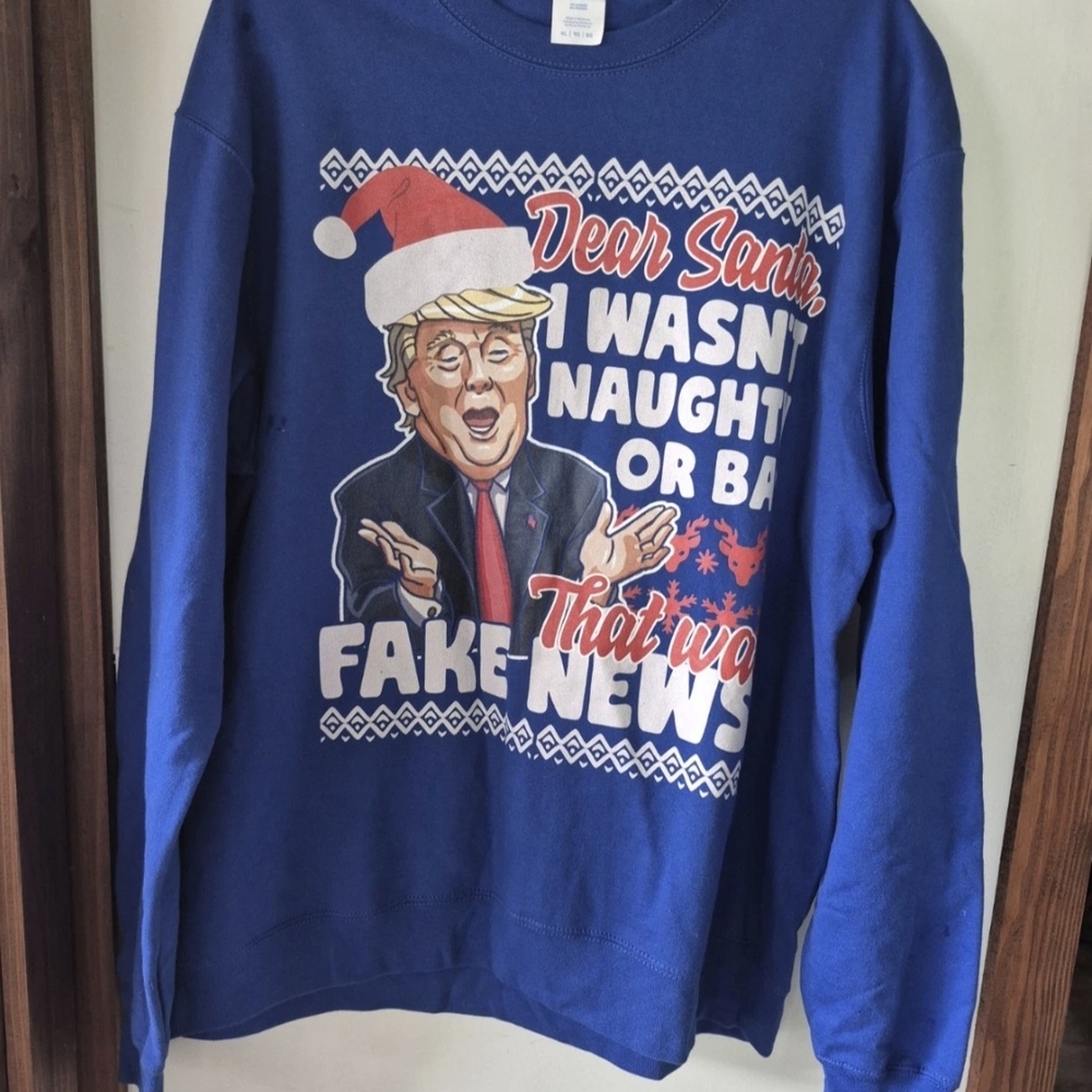 Port and Company Blue Graphic Holiday "FAKE NEWS" TRUMP Men's Sweatshirt